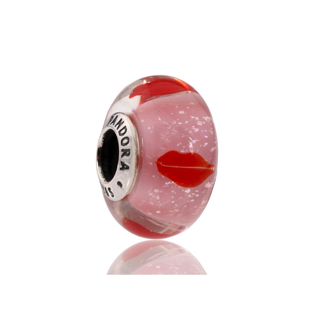 PANDORA - Lip silver charm with  iridescent red, pink and transparent Murano glass
