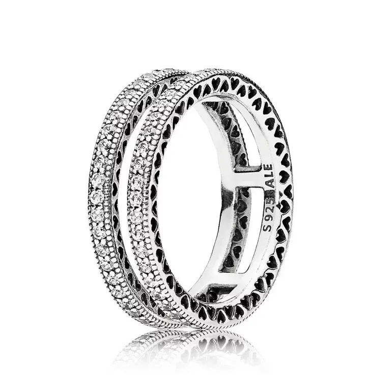PANDORA - Double ring in sterling silver with clear CZ and cut-out hearts