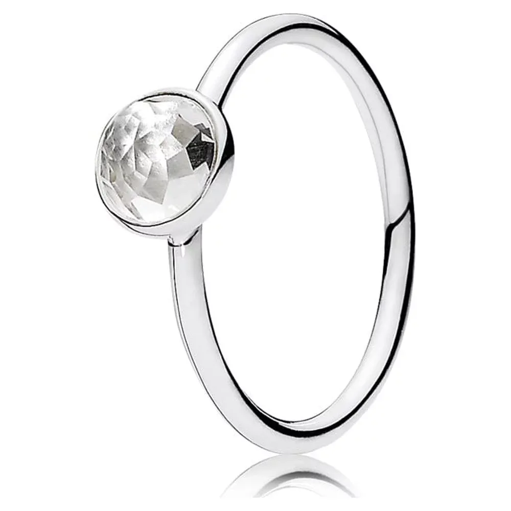 PANDORA - Ring April Droplet with Flower Dome ? Cut Birthstone Rock Crystal