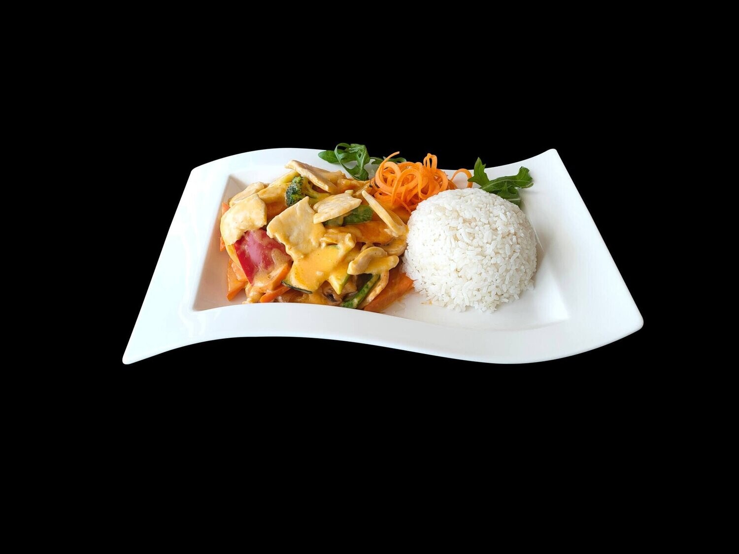 Hühnerfleisch mit rotem Thai-Curry, Kokosmilch, Gemüse (scharf)