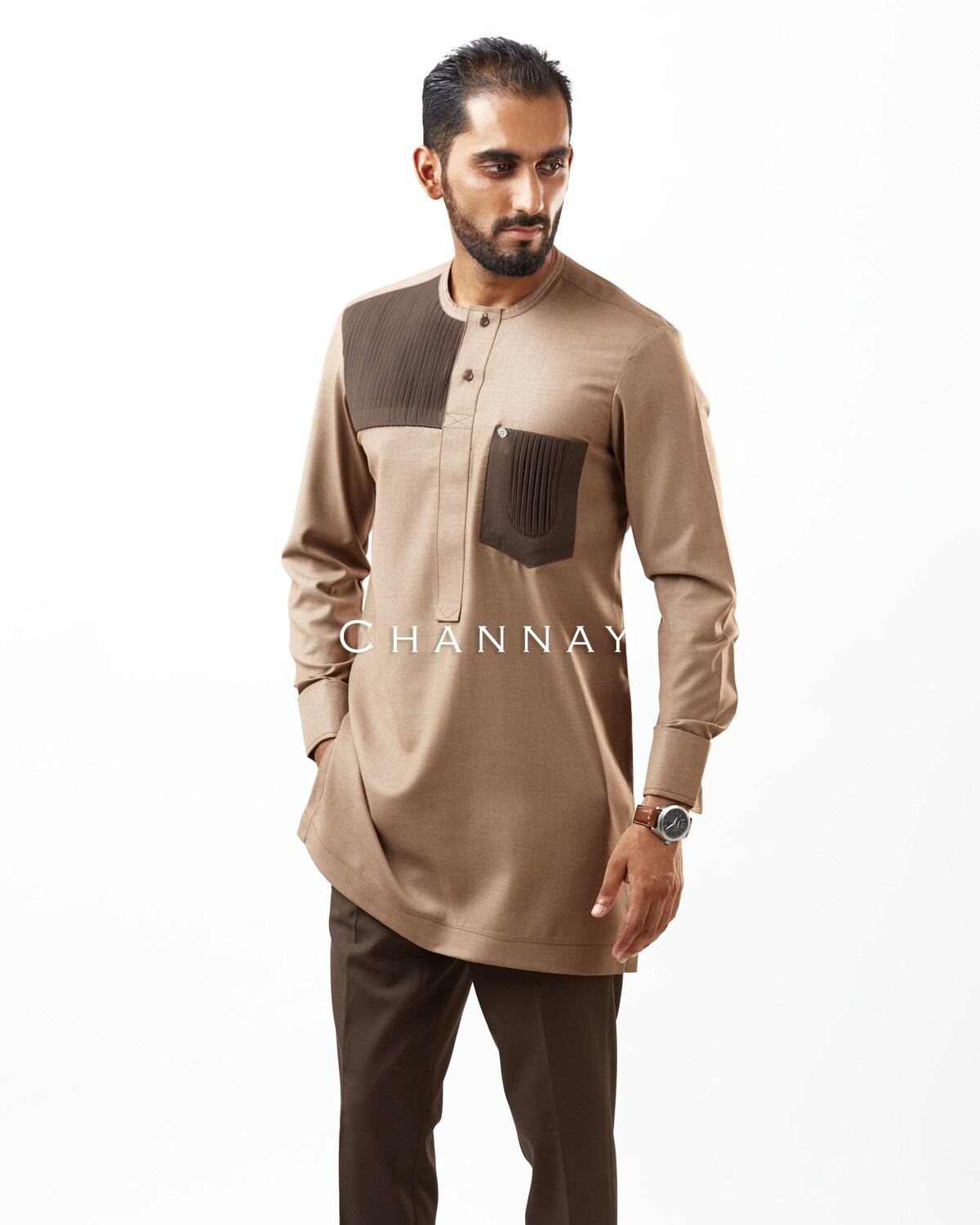 Coffee-Caramel blend kaftan with pleats