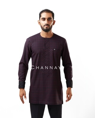 Red Checked kaftan with black zigzagged cuff and pants