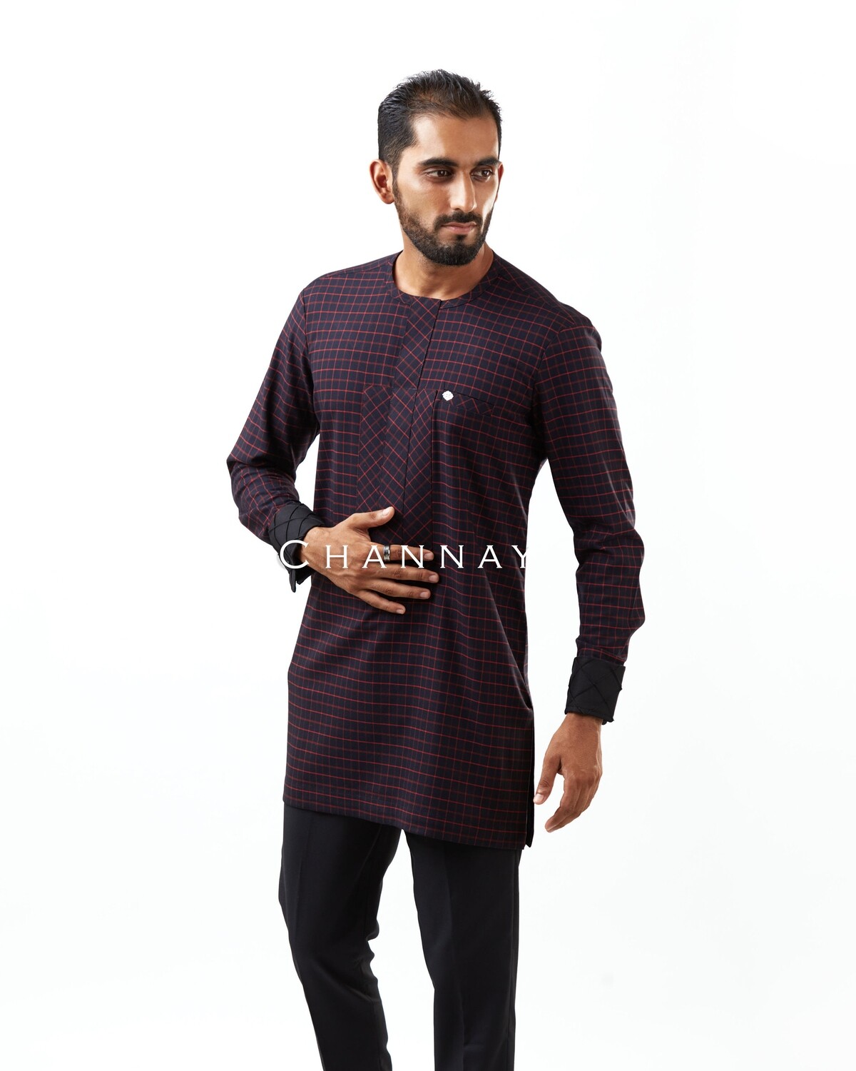 Red Checked kaftan with black zigzagged cuff and pants