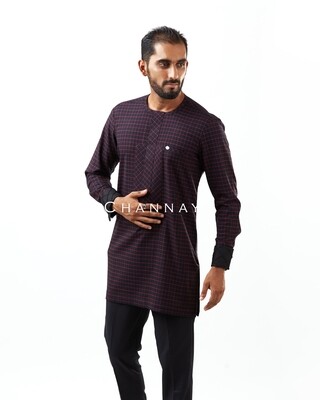 Red Checked kaftan with black zigzagged cuff and pants