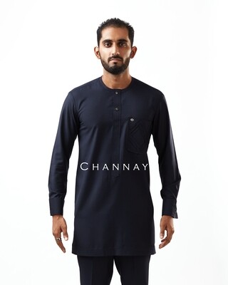 Zigzagged Patch Pocket Navy Blue  Kaftan