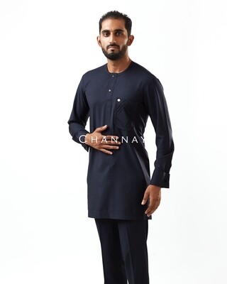 Zigzagged Patch Pocket Navy Blue  Kaftan