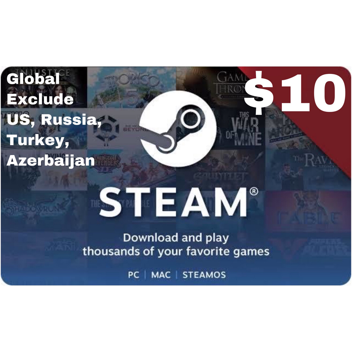 Steam Wallet Code Global USD $10 exclude US Russia Turkey Azerbaijan