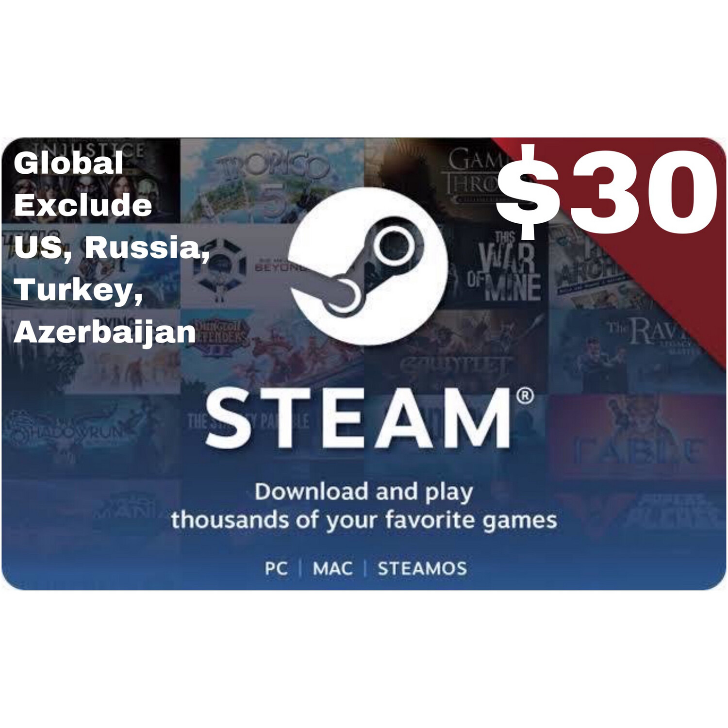 Steam Wallet Code Global USD $30 exclude US Russia Turkey Azerbaijan
