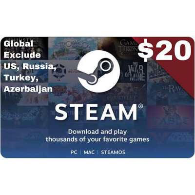 Steam Wallet Code Global USD $20 exclude US Russia Turkey Azerbaijan