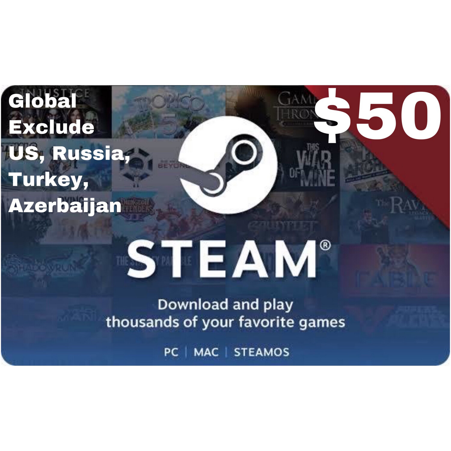 Steam Wallet Code Global USD $50 exclude US Russia Turkey Azerbaijan