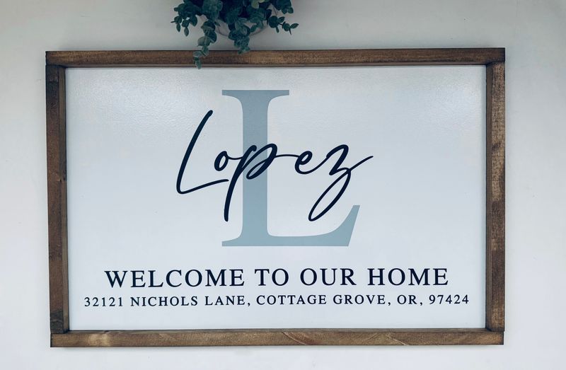 Personalized &quot;Welcome to our Home&quot; Sign with Monogrammed Initial, Last Name, and Address