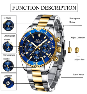 BiDen Blue and Gold Stainless Steel Chronograph Watch