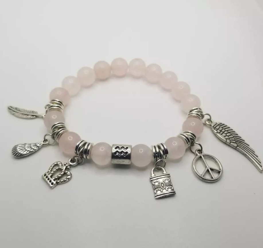 CUSTOM Zodiac Rose Quarts Natural Stone Charm Bracelet