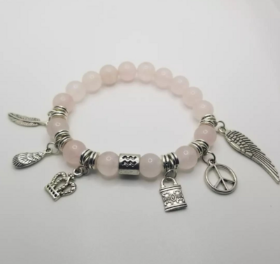 CUSTOM Zodiac Rose Quarts Natural Stone Charm Bracelet