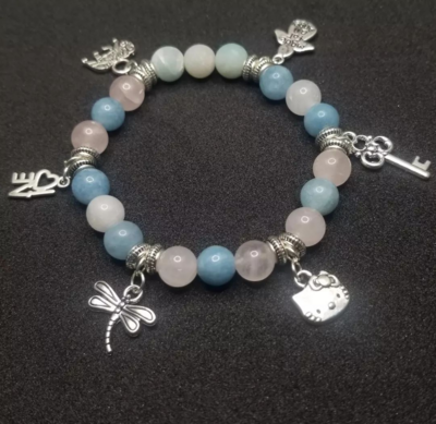 CUSTOM Blue Chalcedony, Rose Quarts and Frosted Amazonite Natural Stone Charm Bracelet