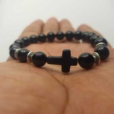 Black Onyx Wooden Cross Natural Stone Bracelet