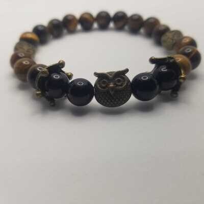 CUSTOM Bronze Owl Tiger Eye and Black Onyx Natural Stone Charm Bracelet