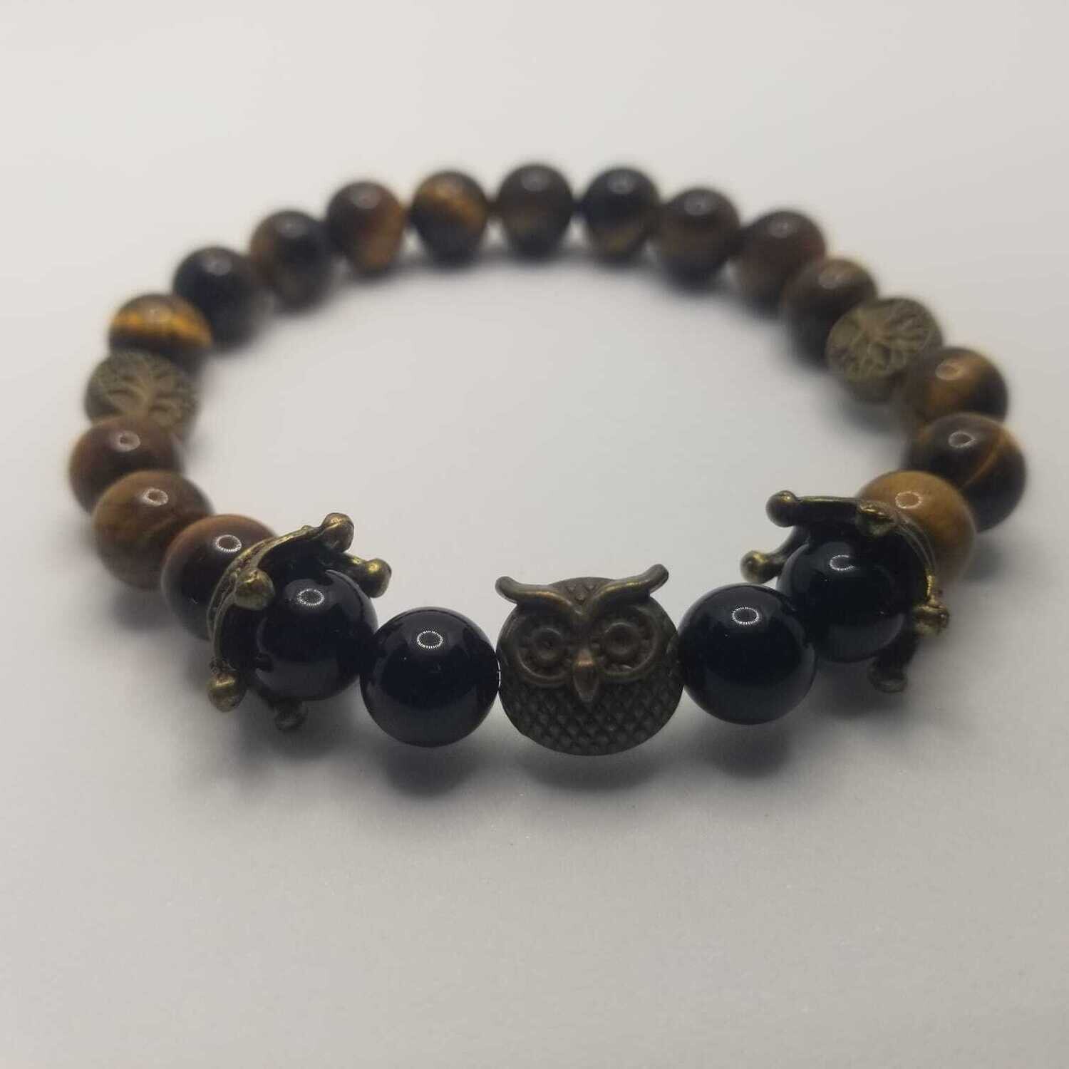 CUSTOM Bronze Owl Tiger Eye and Black Onyx Natural Stone Charm Bracelet