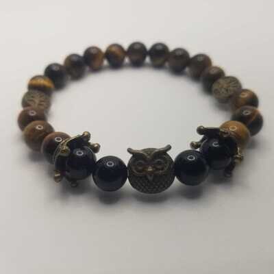 CUSTOM Bronze Owl Tiger Eye and Black Onyx Natural Stone Charm Bracelet