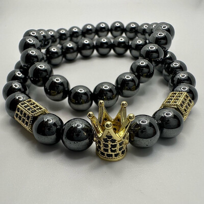 Crown Charm Hematite Natural Stone Bracelet Set