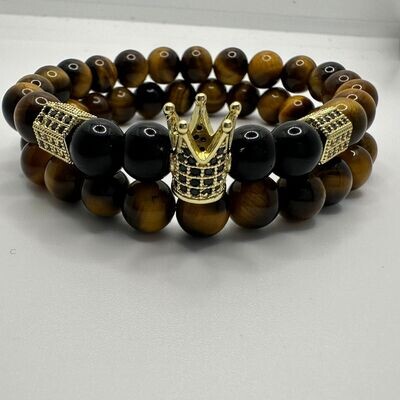Tiger Eye Crown Natural Stone Bracelet Set
