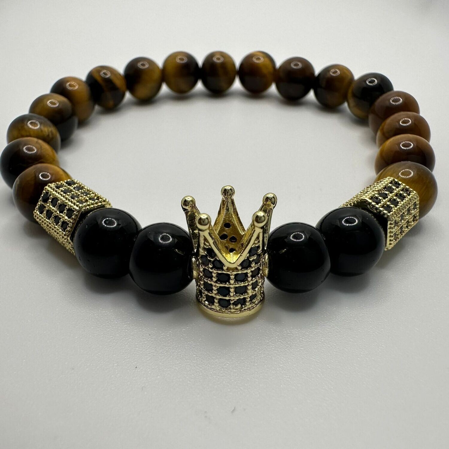 Tiger Eye and Black Onyx Crown Natural Stone Bracelet