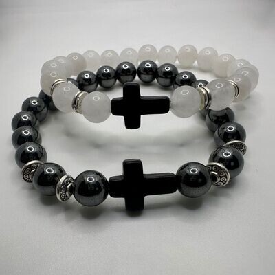 Cross Charm Hematite and White Jade Natural Stone Bracelet Set