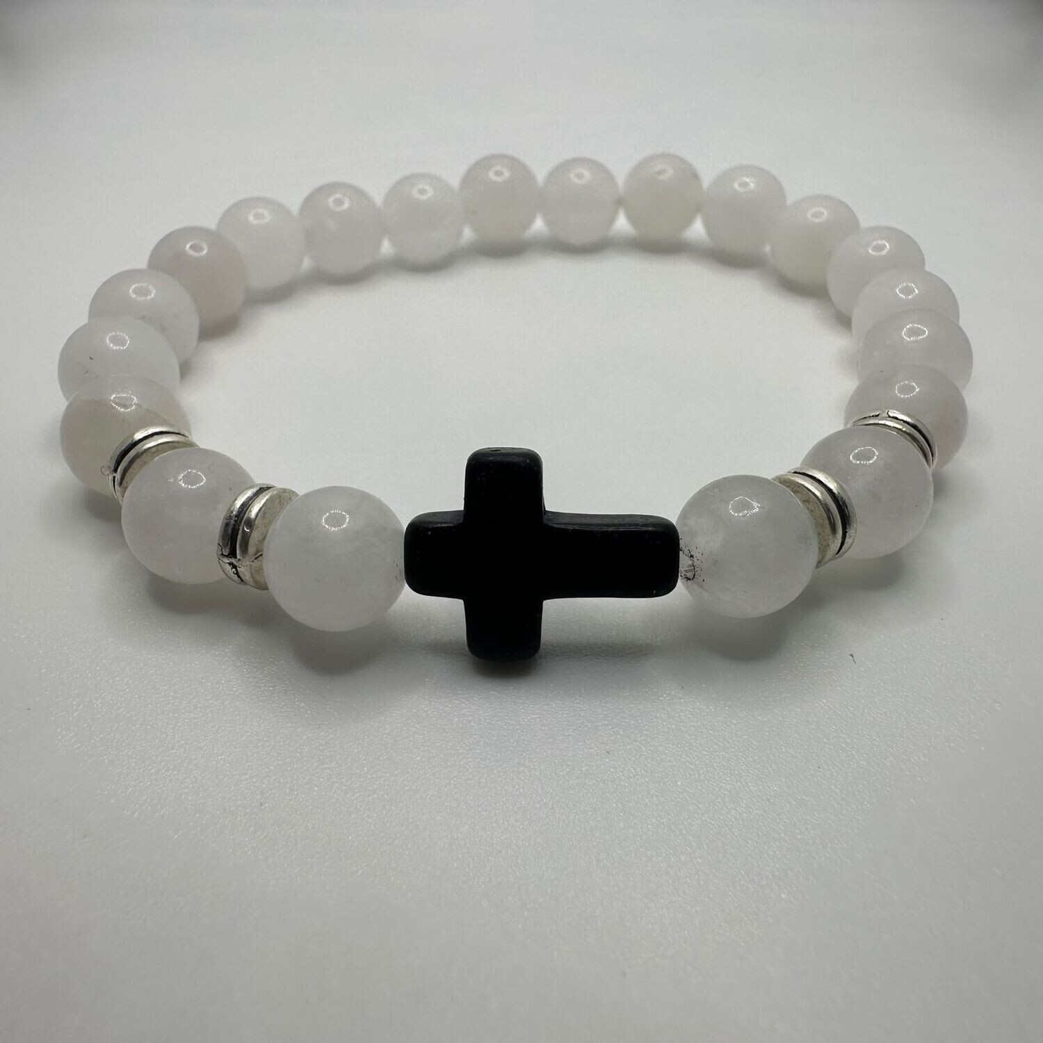 White Jade Natural Stone Bracelet with Cross Charm