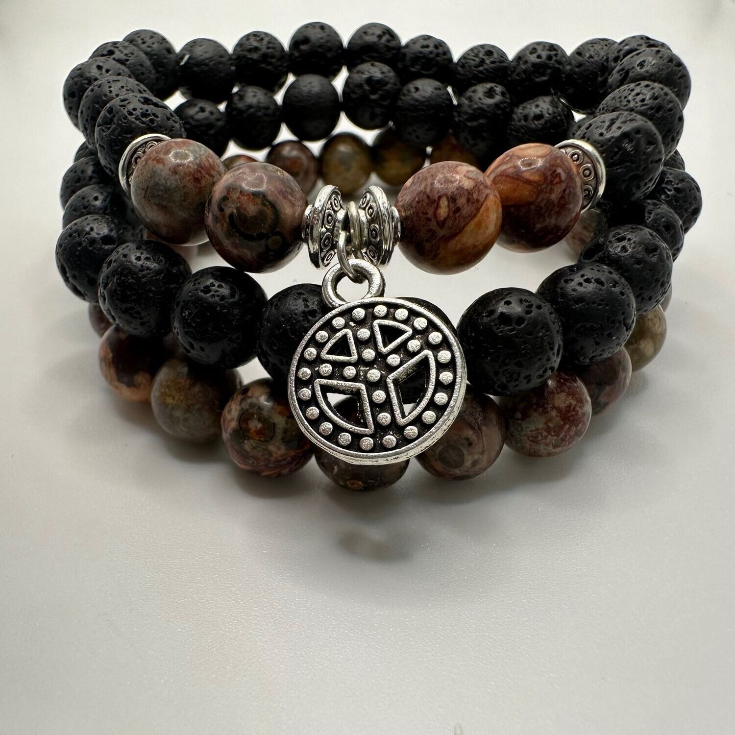 Red Leopard Fur Jasper and Black Lava Natural Stone 3pc Bracelet Set