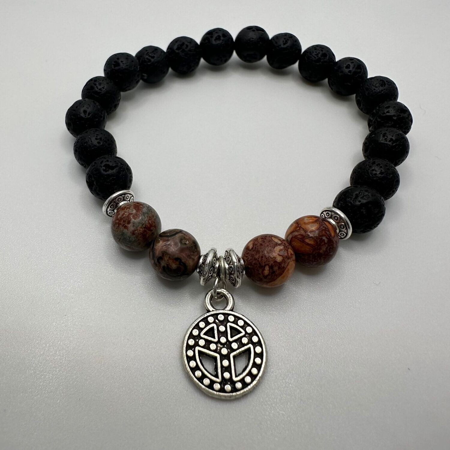Red Leopard Fur Jasper and Black Lava Natural Stone Charm Bracelet