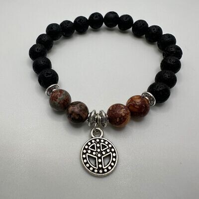 Red Leopard Fur Jasper and Black Lava Natural Stone Charm Bracelet