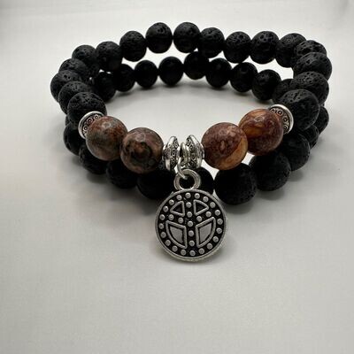 Red Leopard Fur Jasper and Black Lava Natural Stone 2pc Bracelet Set