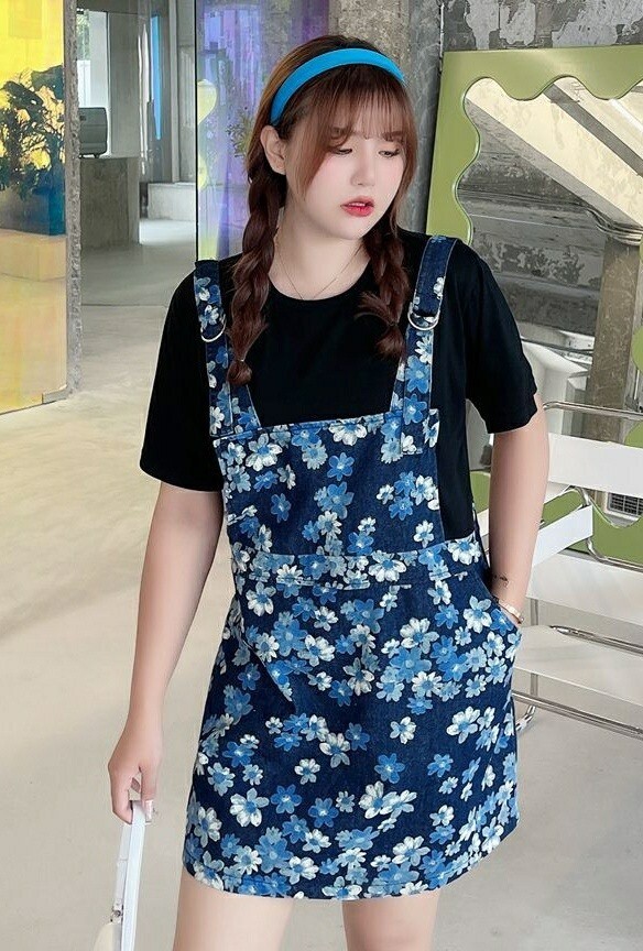 大码牛仔印花假两件背带连衣裙 
