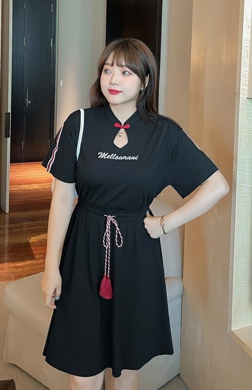 大码立领盘扣休闲连身裙