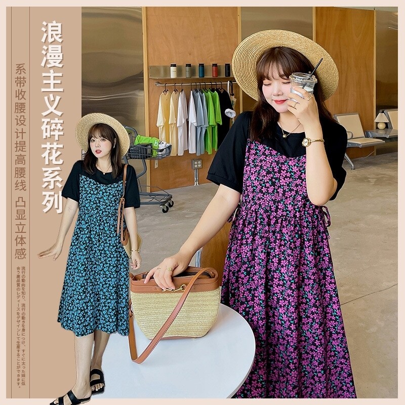 大码肥拼接碎花连衣裙