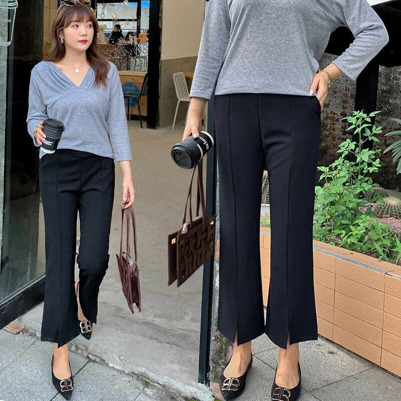 大码高弹休闲显瘦九分裤喇叭裤女