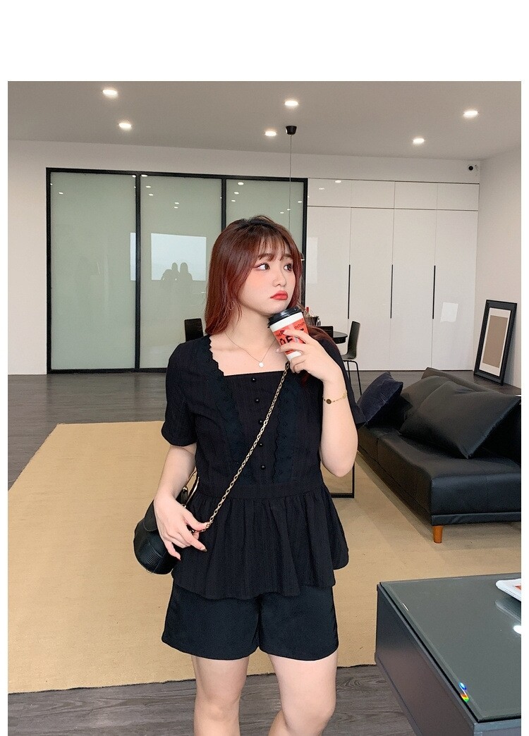 大码甜美V领棉布提花上衣