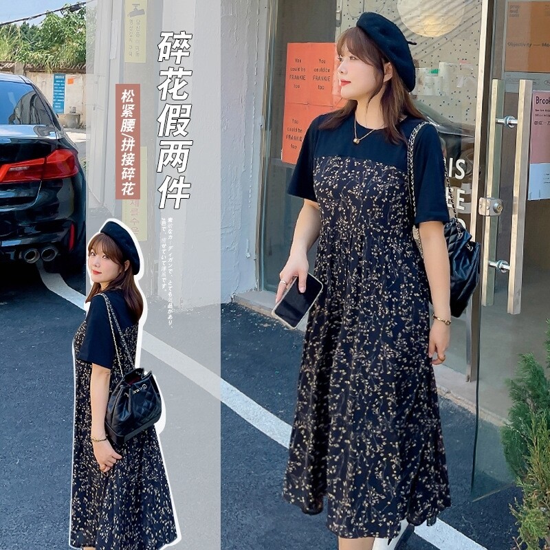 大码假两件碎花裙