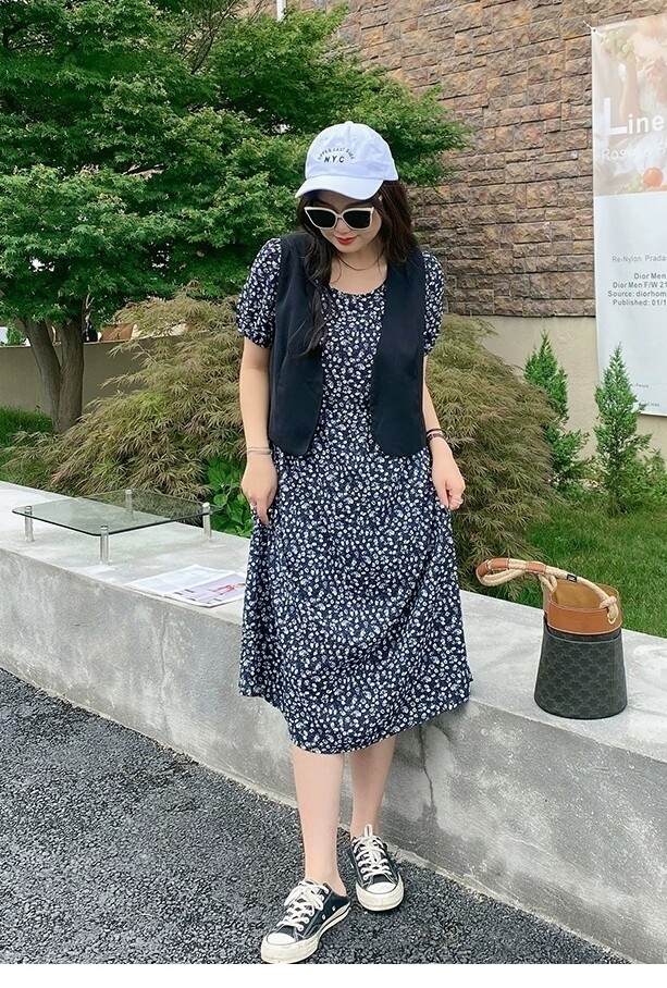 大码甜美碎花马甲两件套