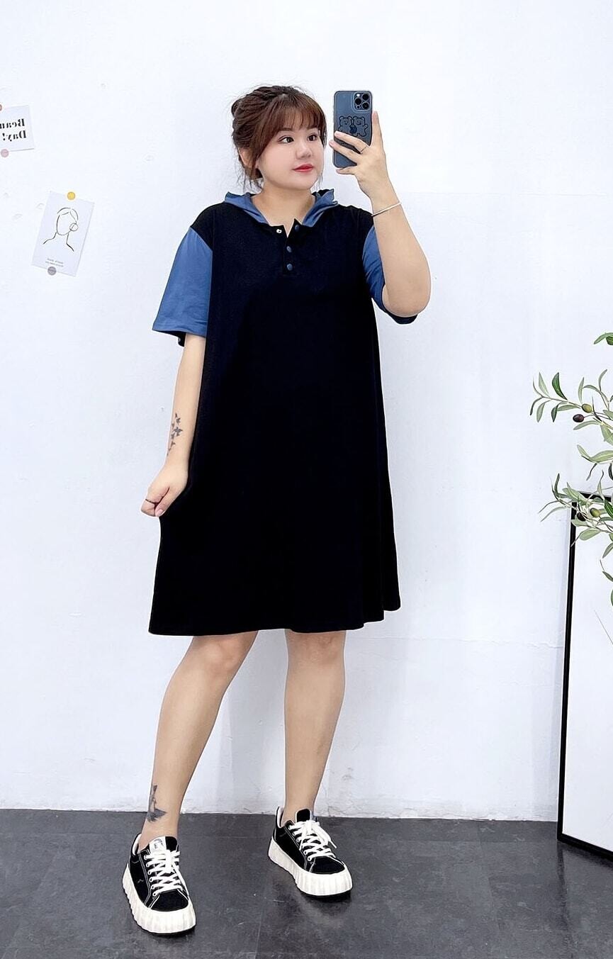 大码女装短袖拼色连衣裙T恤裙