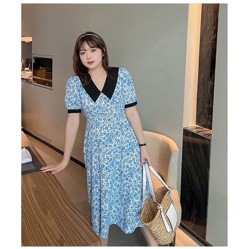 大码女领碎花连衣裙清新碎花连衣裙