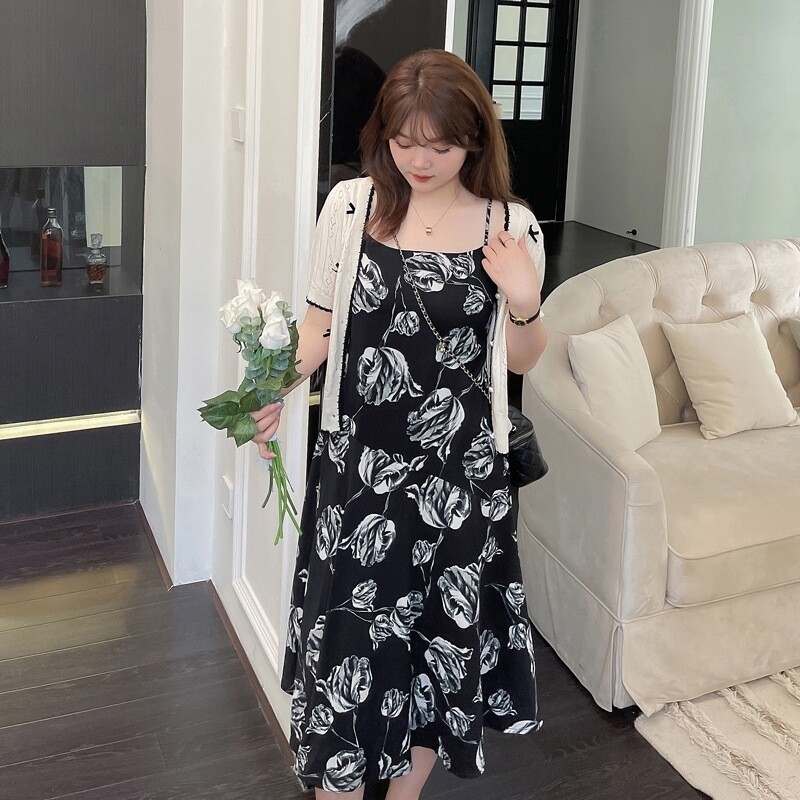 大码吊带裙印花不规则连衣裙