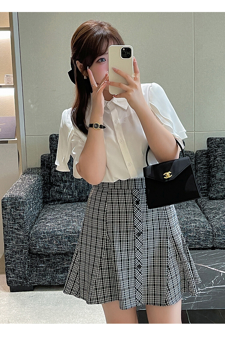 大码白衬衫方格半裙套装(两件套)