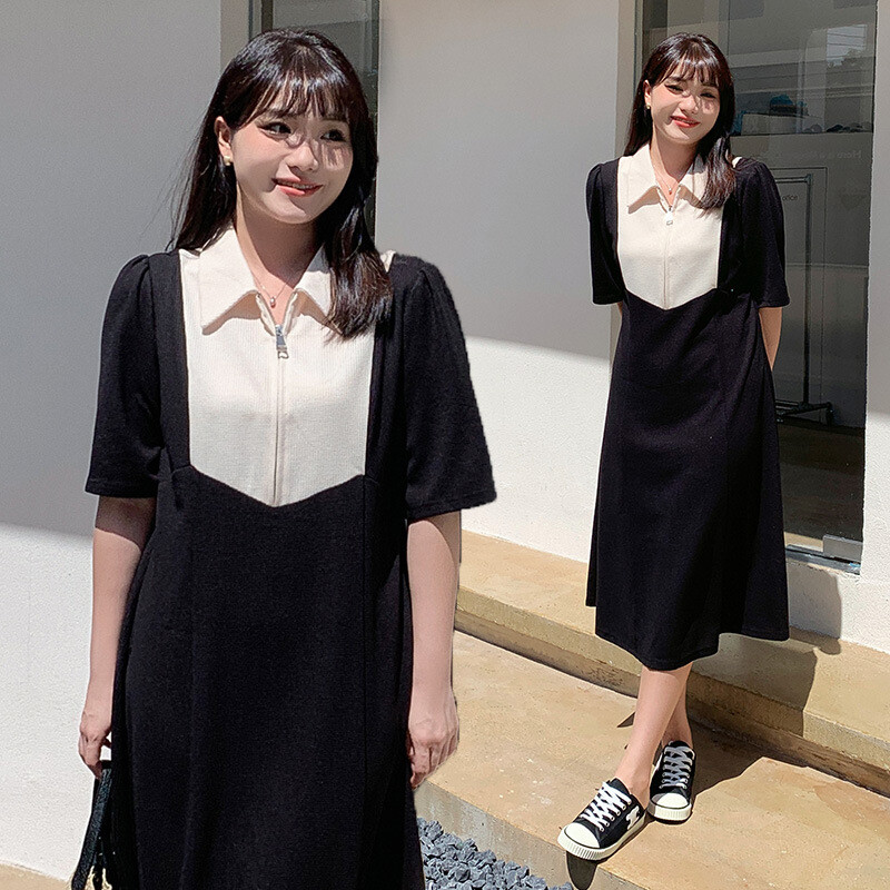 大码撞色拼接拉链宽松藏显瘦裙