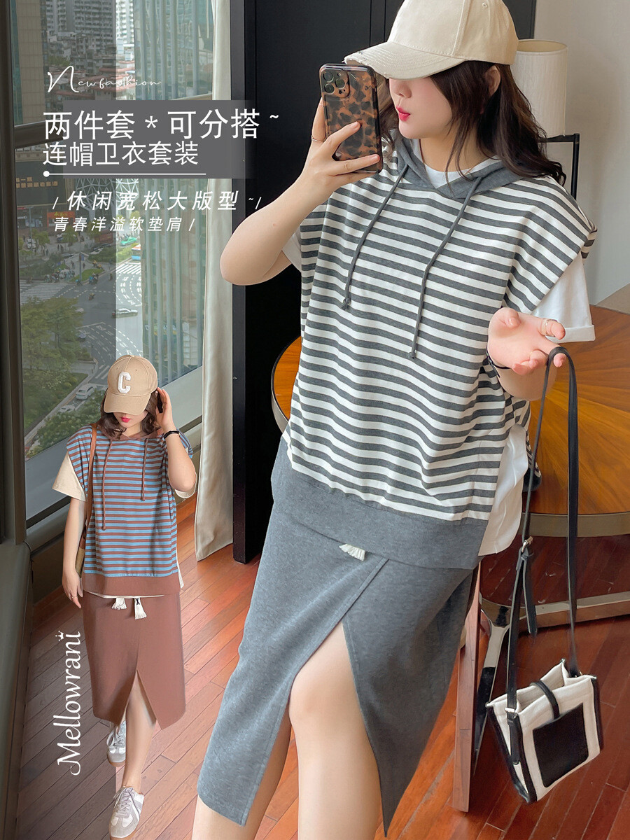 大码休闲背心+裙子卫衣不对称开叉运动套装