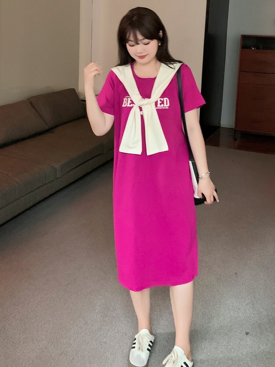 大码休闲宽松瘦披肩T恤裙
