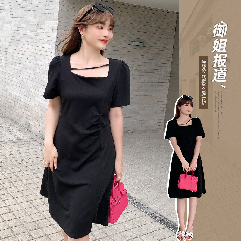 大码女装个性收腰气质微胖连衣裙