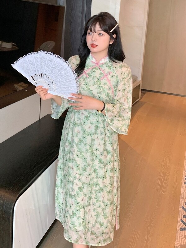 大码复古改良式旗袍七分袖旗袍