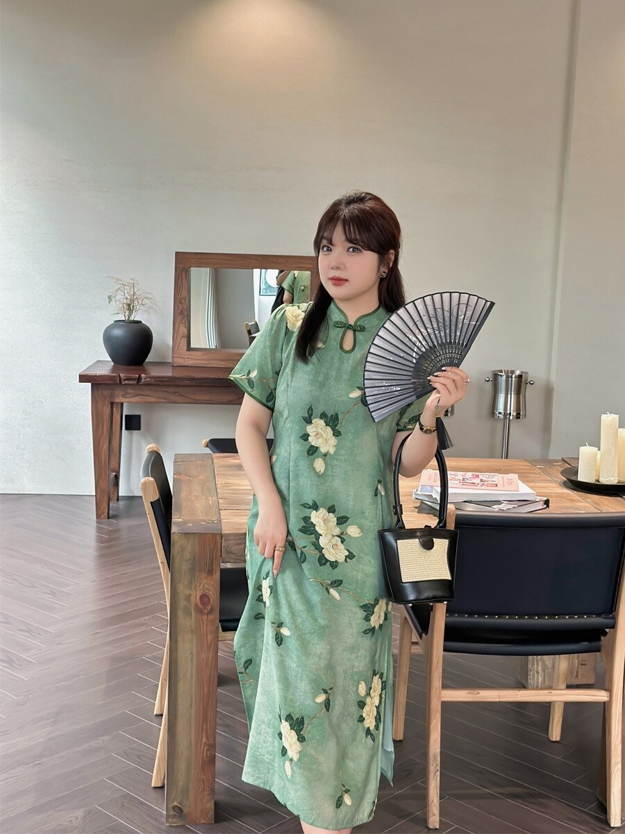 大码夏季新品改良版旗袍/ 开衫套装