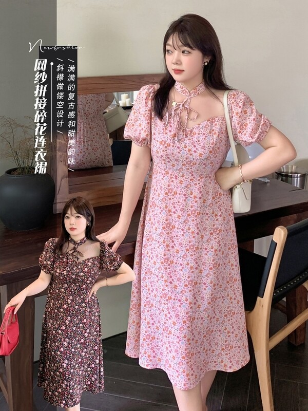 大码复古感小碎花网纱拼接连衣裙